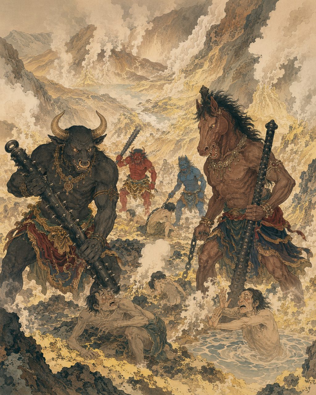Demons of Tateyama's Hell Valley. People perceived the desolate volcanic landscape enveloped in sulfurous fumes literally as hell, and the Tateyama Mandala vividly depicted hell wardens tormenting the dead in pools of blood and mountains of swords. It was an apparatus of a sacred mountain that guided faith through fear.