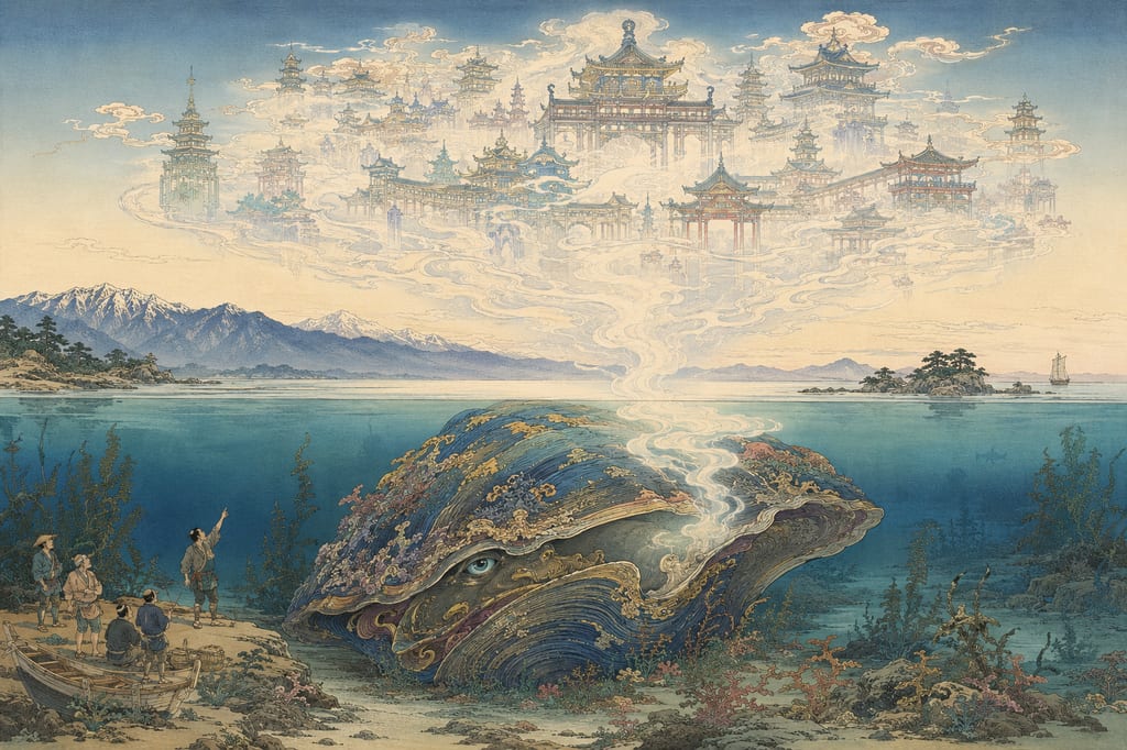 Mirage of Toyama Bay. Derived from an ancient Chinese legend where a giant "shin" (giant clam) lurking on the seabed exhales air to manifest phantom pavilions in the sky. It represents the sense of the afterlife of the Etchu people who hallucinated an otherworld beyond the horizon.