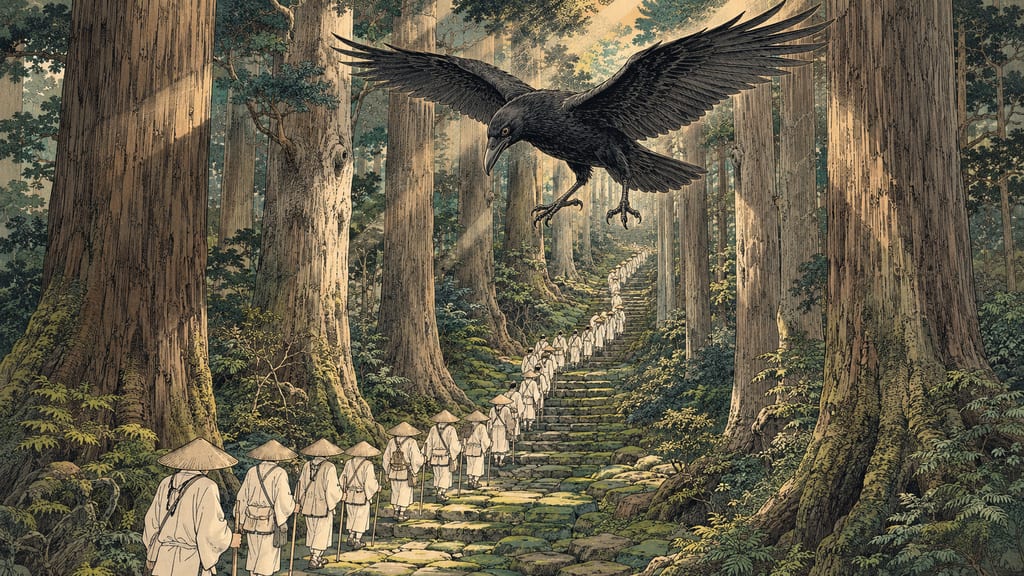 A three-legged Yatagarasu flying through a cedar grove on the Kumano Kodo. This sacred bird, a messenger of Kumano Gongen, guided the processions of the "ant-like Kumano pilgrimage," traveled by successive emperors over a hundred times.