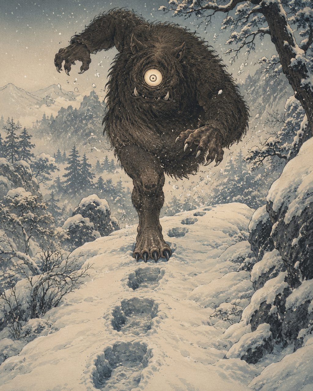 An Ippon-datara advancing on a single leg through the snowy mountains of the Hatenashi mountain range. This one-eyed, one-legged anomaly passed down in the mountainous region spanning Nara and Wakayama was feared by ascetics and hunters as a taboo that appears only once a year.