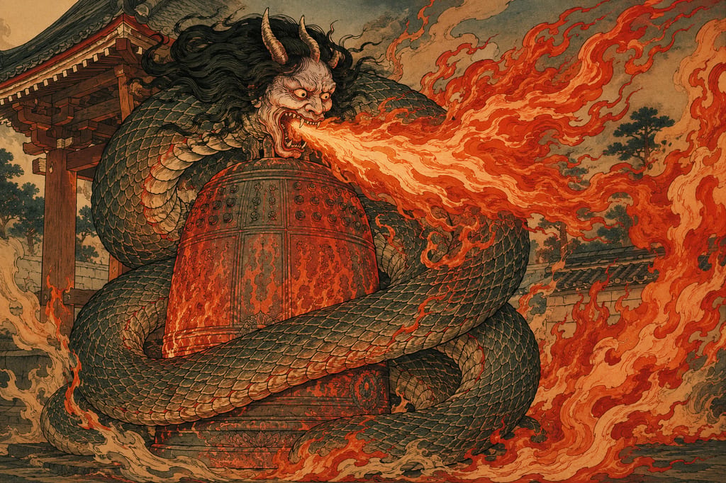 Kiyohime coiling around the temple bell of Dojoji and spewing flames. This story of a betrayed woman turning into a serpent is the most vivid supernatural event born precisely on the religious path of the Kumano pilgrimage.