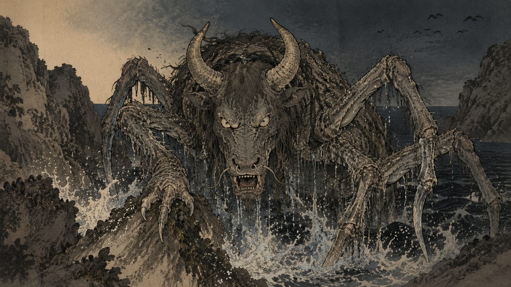 An Ushi-oni revealing itself from the seashores and deep pools of Kii. This ferocious monster, leaving various legends such as shadow-licking across Wakayama, is the crystallized form of the terror of water accidents and endemic diseases turned into a grotesque anomaly.