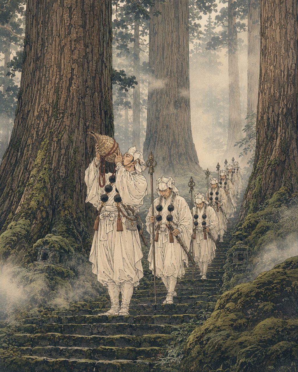A line of yamabushi ascending the stone steps of Mount Haguro. In the "journey of rebirth" of the Dewa Sanzan, entering the mountain was considered a ritual of "simulated death and resurrection," where one dies once and is reborn anew from the mother's womb upon descending.