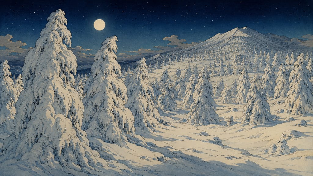 The frost-covered trees of Zao towering under the moonlight. The cluster of snow monsters, grown by snow and ice blasted onto Maries' firs, is a grotesque figure molded by the harsh winter nature itself. The sense of seeing the otherworld in the snow was produced from such a climate of heavy snowfall.