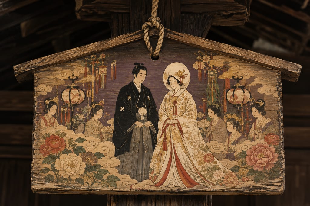 A Mukasari Ema dedicated to a temple. A memorial custom passed down in the Murayama and Okitama regions, where a votive tablet depicting a fictional wedding is dedicated for young people who died unmarried. It is an earnest prayer seeking to deliver the dead to where they belong through ritual, rather than leaving them suspended in the space between this world and the next.