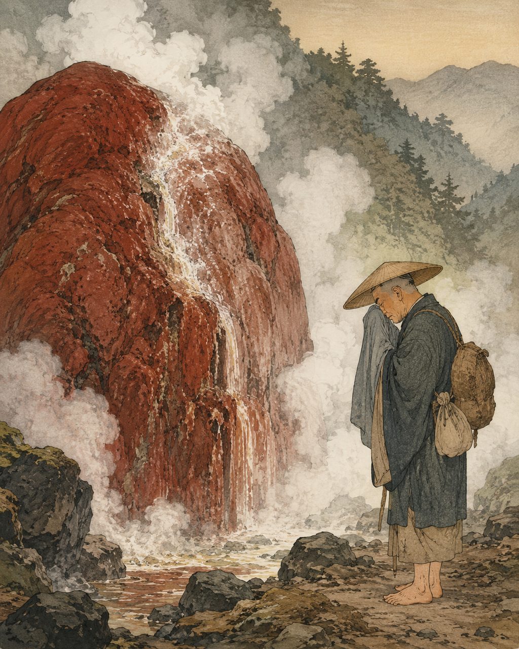 Matsuo Basho shedding tears at the sacred rock of Yudono. Touring the three mountains in the second year of Genroku (1689), Basho stood before the unspoken Daigongen of Mount Yudono (the red sacred rock) in "Oku no Hosomichi," leaving only the single haiku: "Tears wet my sleeves at Yudono, of which I cannot speak."