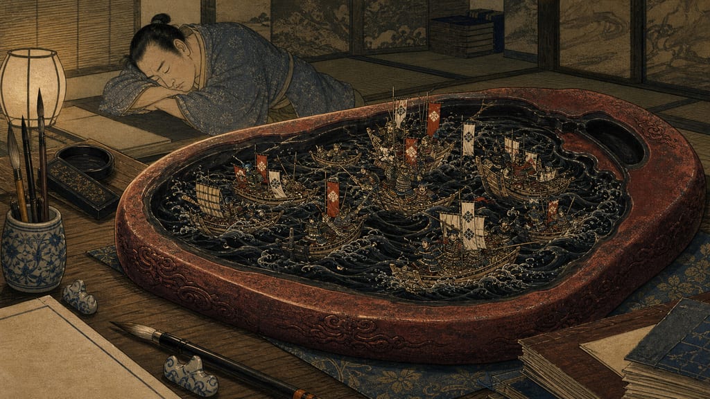 The suzuri-no-tamashii appearing in an Akama inkstone. The tsukumogami that Toriyama Sekien depicted in his *Konjaku Hyakki Shui* resurrects the phantom of the Taira clan's battle, doomed at Dan-no-ura, in the sea of an inkstone made of Akama stone, a famous product of Shimonoseki. A fantastical yokai illustration where the passions of the past are projected through words and ink.
