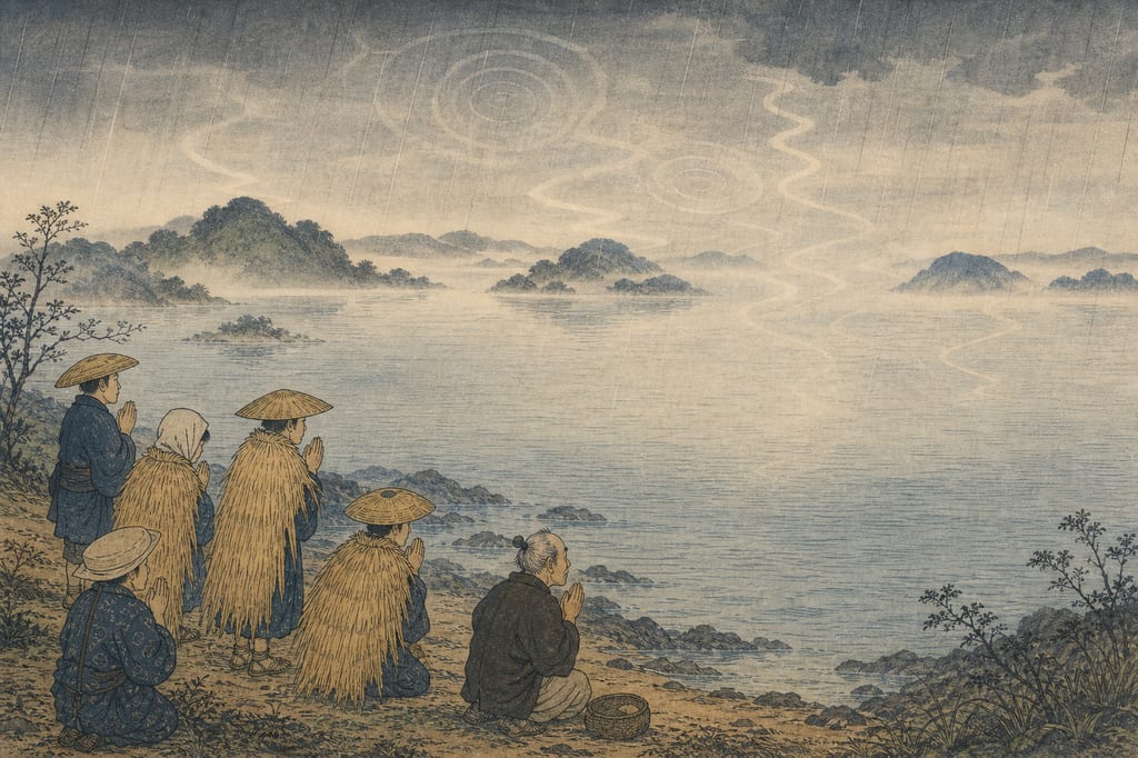 A formless apparition, the kokuu-daiko (void drum). The sound of drums beaten by the spirits of an entertainment troupe who perished in a shipwreck, echoing around the Seto Inland Sea of Suo-Oshima during the rainy season. Unlike the grudges of the umibouzu or funayurei, it is a lyrical auditory yokai where mourning and comfort for the dead mingle with the sound of the waves.