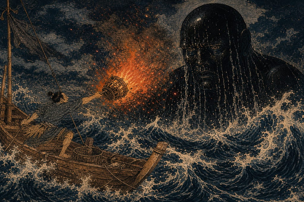 The umibouzu of the Mukatsuku Peninsula. In the legend of Kawajiri in Nagato Province, it is said that when a giant rising from the sea came to extinguish the bonfire of a fishing boat, the fishermen threw the fire at it and escaped disaster. An apparition of the sea where the fear of the night ocean and an unreasonable death took the form of a giant's malice.