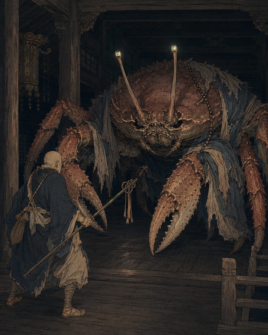 Kani-bozu appearing in the darkness of Chogen-ji Temple. A giant crab monster that posed a riddle, 'Two legs, eight legs, two large legs...', to a traveling monk, whose true identity was exposed and subdued. This is the crystallized form of a narrative archetype that settled into various abandoned temples, realized here in a mountain temple in Kai.