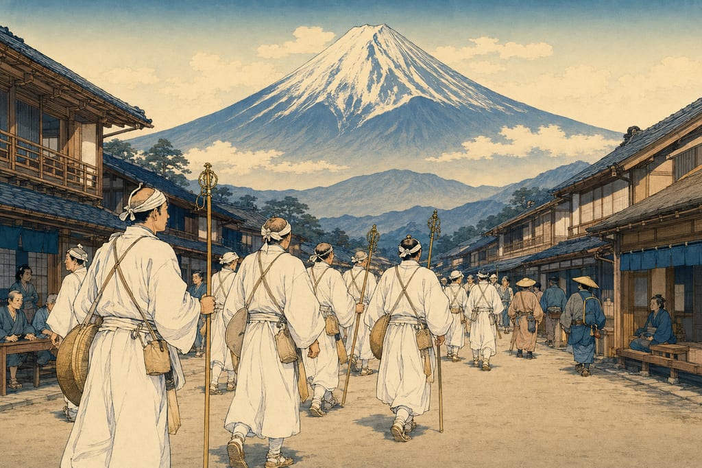 Practitioners of the Fuji-ko. The Fuji worship that explosively spread among commoners during the Edo period formed the townscapes of Oshi (priestly guides) at the northern foothills of Mount Fuji. For the people of Kai, Fuji was an object of awe and faith where both gods and monsters coexisted.