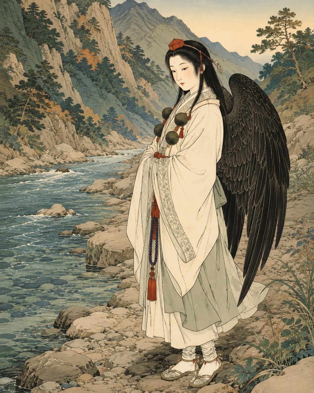 The Onna-tengu standing between the mountains and rivers. In places like Nanbu Town, the Kawa-tengu (river tengu) is also called the Onna-tengu, and is said to have a gentler face compared to the typically stern tengu. A variation unique to this land, born when the mountain monster descended to the water's edge.