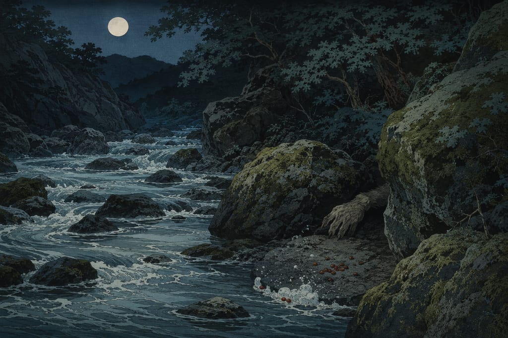 Azuki-arai echoing in the deep mountain streams. In the steep ravines of Kai, its form was unseen; only the *sara-sara* sound of washing beans echoed by the water's edge late at night. A formless monster unique to the mountain realm, warning of the dangers of the water through its sound.