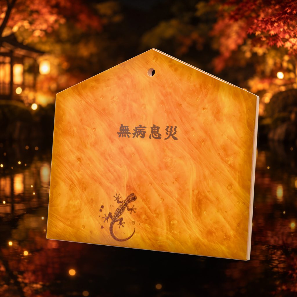 Amber with a gecko ema plaque