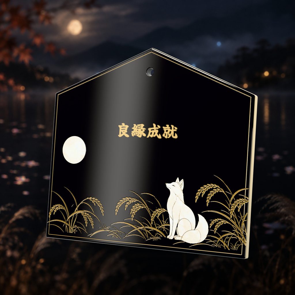 Mother-of-pearl: white fox in the rice ema plaque