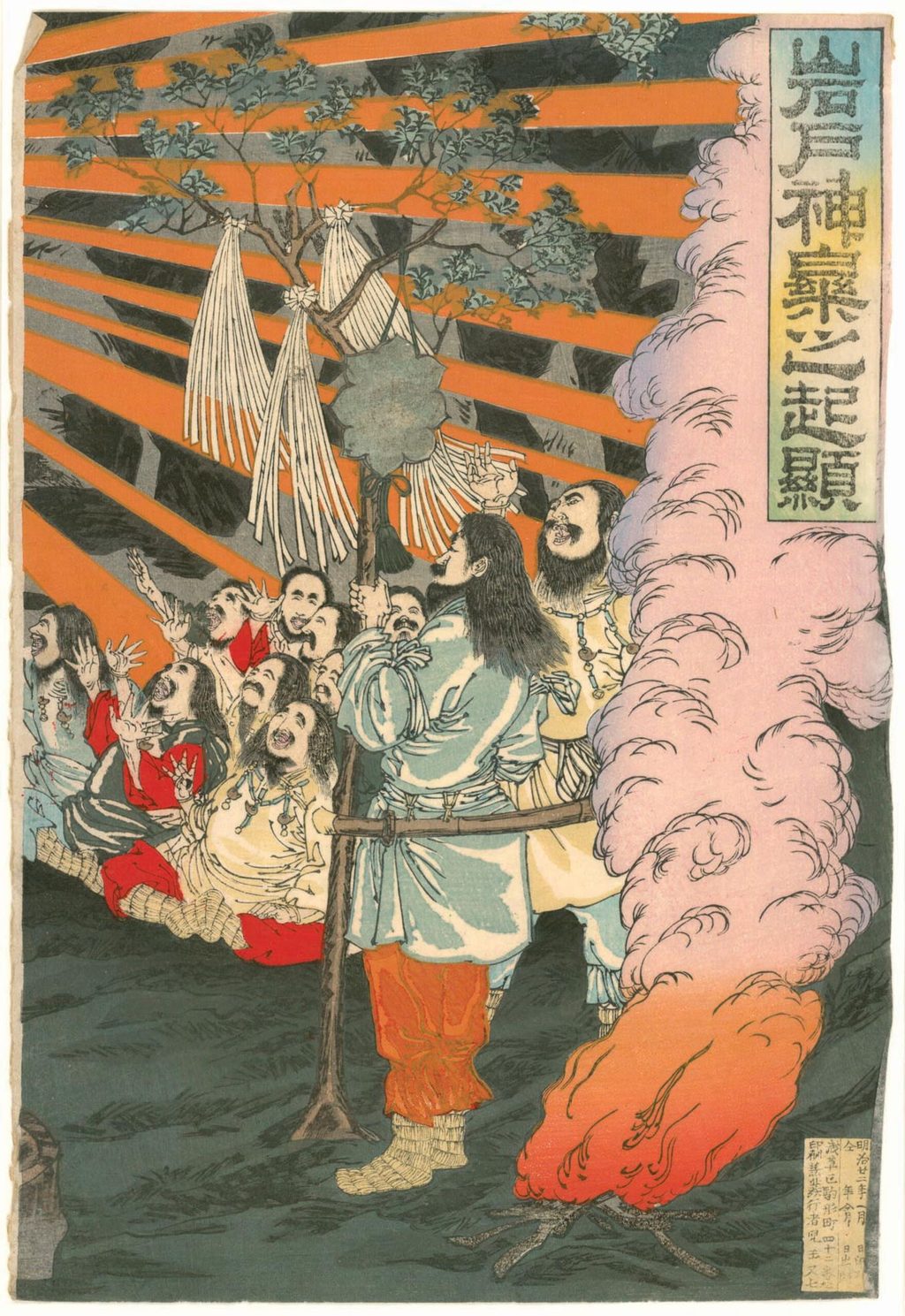 天石屋戸の場面を描く三枚続の右画面。八百万の神々、舞、楽器、洞窟の光景が横方向へ続く。