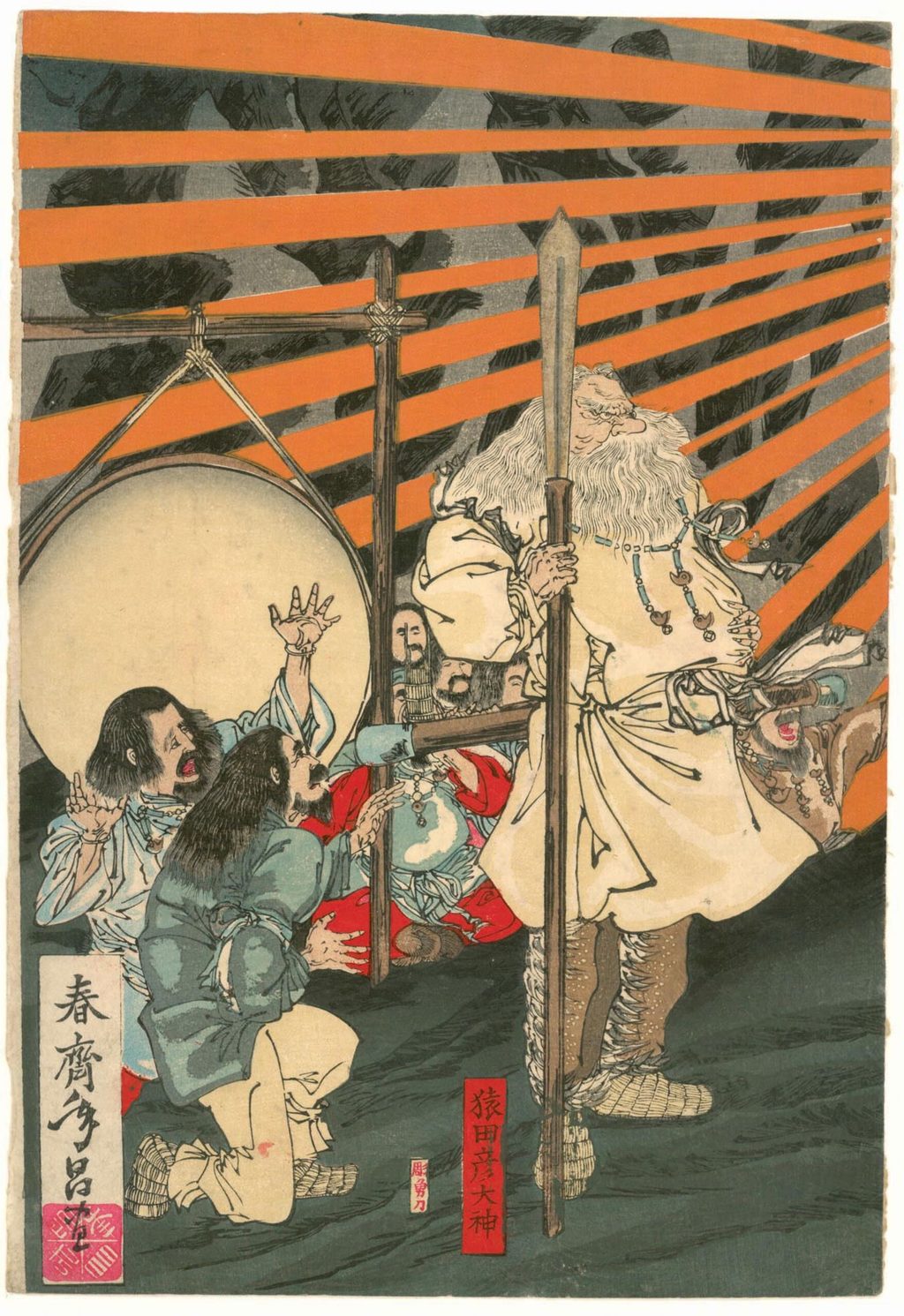天石屋戸の場面を描く三枚続の左画面。八百万の神々、舞、楽器、洞窟の光景が横方向へ続く。