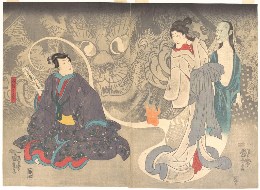 巨大な猫の顔と尾を背景に、女性と亡霊、炎を配した歌川国芳の怪猫芝居絵二枚続