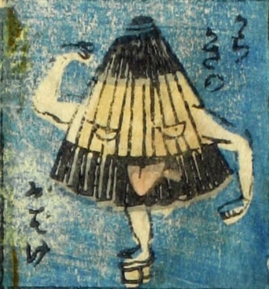 二つの目と口を備えた傘が長い舌と二本の腕を出し、下駄を履いた一本脚で立つ「からかさのおばけ」