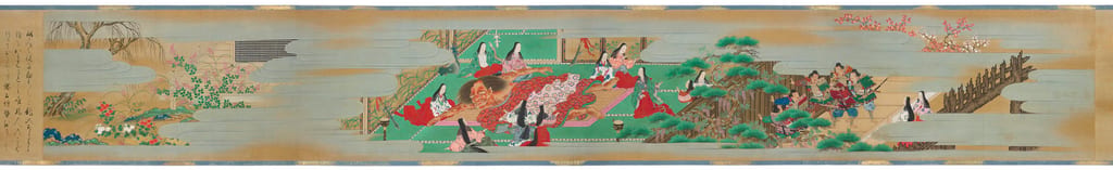 女房たちの間に横たわる酒呑童子へ武者たちが近づく、1700年の絵巻の酒宴場面