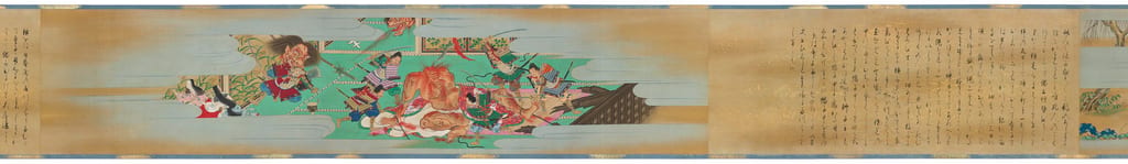 武者たちが巨大な鬼身を取り囲み、上方に斬り離された首を描く1700年の絵巻場面