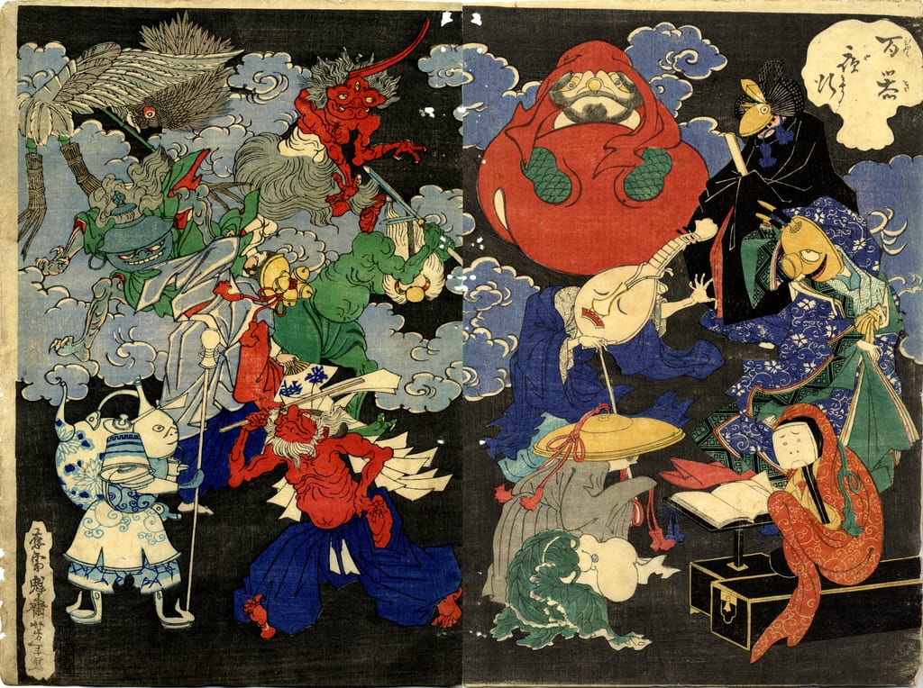 Tsukioka Yoshitoshi’s 1865 two-sheet color woodblock print Hyakki Yagyō, crowded with implement yokai; a bell-and-fan figure appears near the center-left.