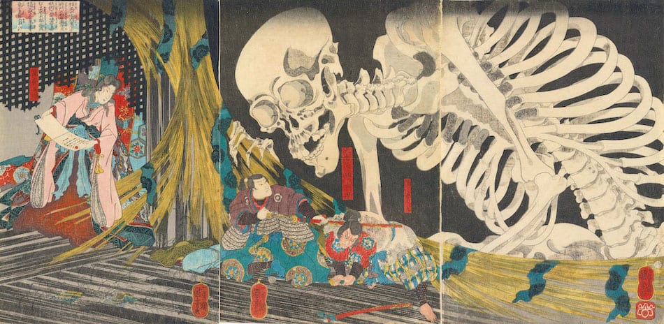 En el palacio en ruinas de Sōma, un esqueleto gigante aparece detrás de Takiyasha-hime, rompe el biombo y avanza hacia Mitsukuni y sus compañeros, en el tríptico de Utagawa Kuniyoshi.