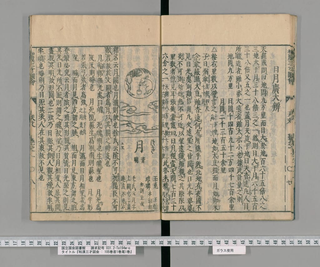 左頁上部の月輪内に杵と臼を備えた兎を描き、周囲に天文の本文を収めた『和漢三才図会』画面10の見開き