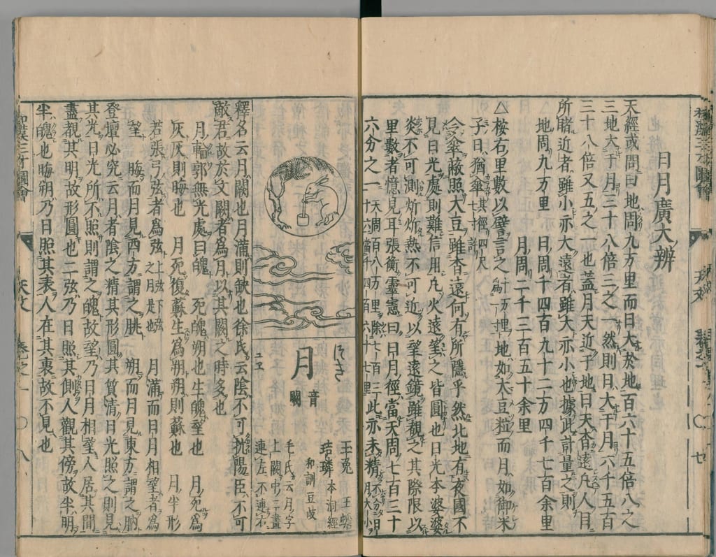 『和漢三才図会』の見開き。左頁上部の月輪内で兎が長い杵を持ち小さな臼へ向かう