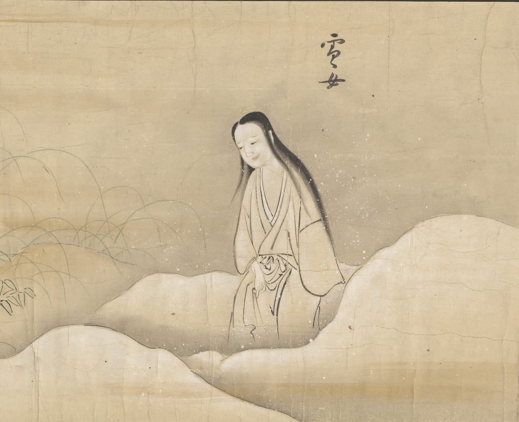 Rollo ilustrado de yōkai, de autor desconocido, que representa a una mujer entre la nieve identificada como yuki-onna.