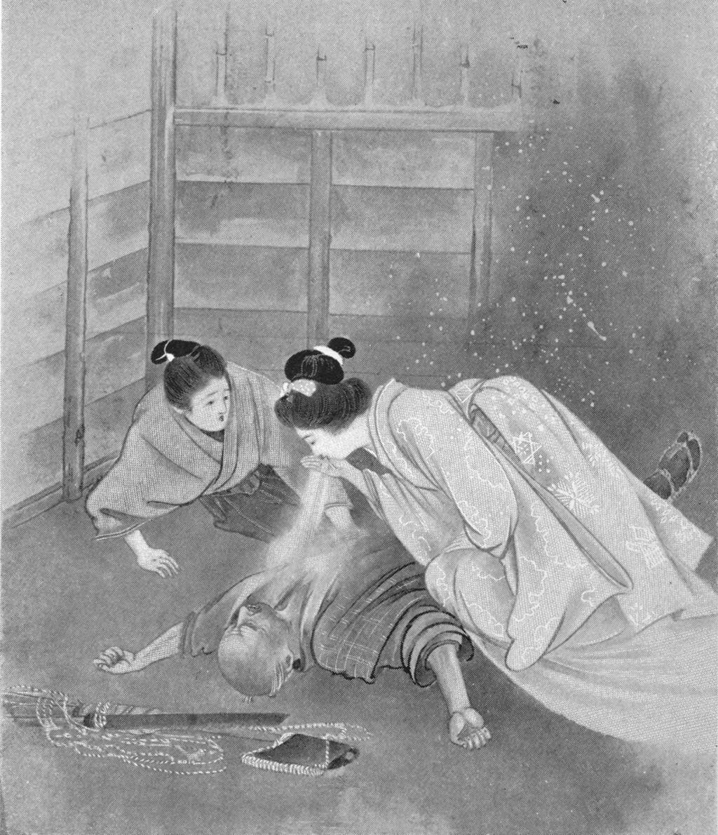 Frontispicio de 1904: una yuki-onna de blanco se inclina sobre un leñador tendido en una cabaña y le exhala un aliento helado.