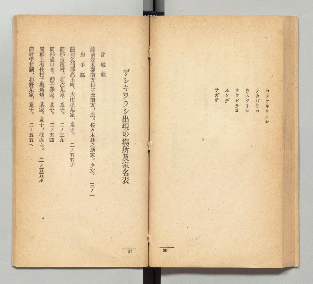 『로헨 소쇼 제3편』의 펼쳐진 면. 자시키와라시의 종류·별명표가 끝나고, 출현 장소와 집 이름을 정리한 표가 시작된다.