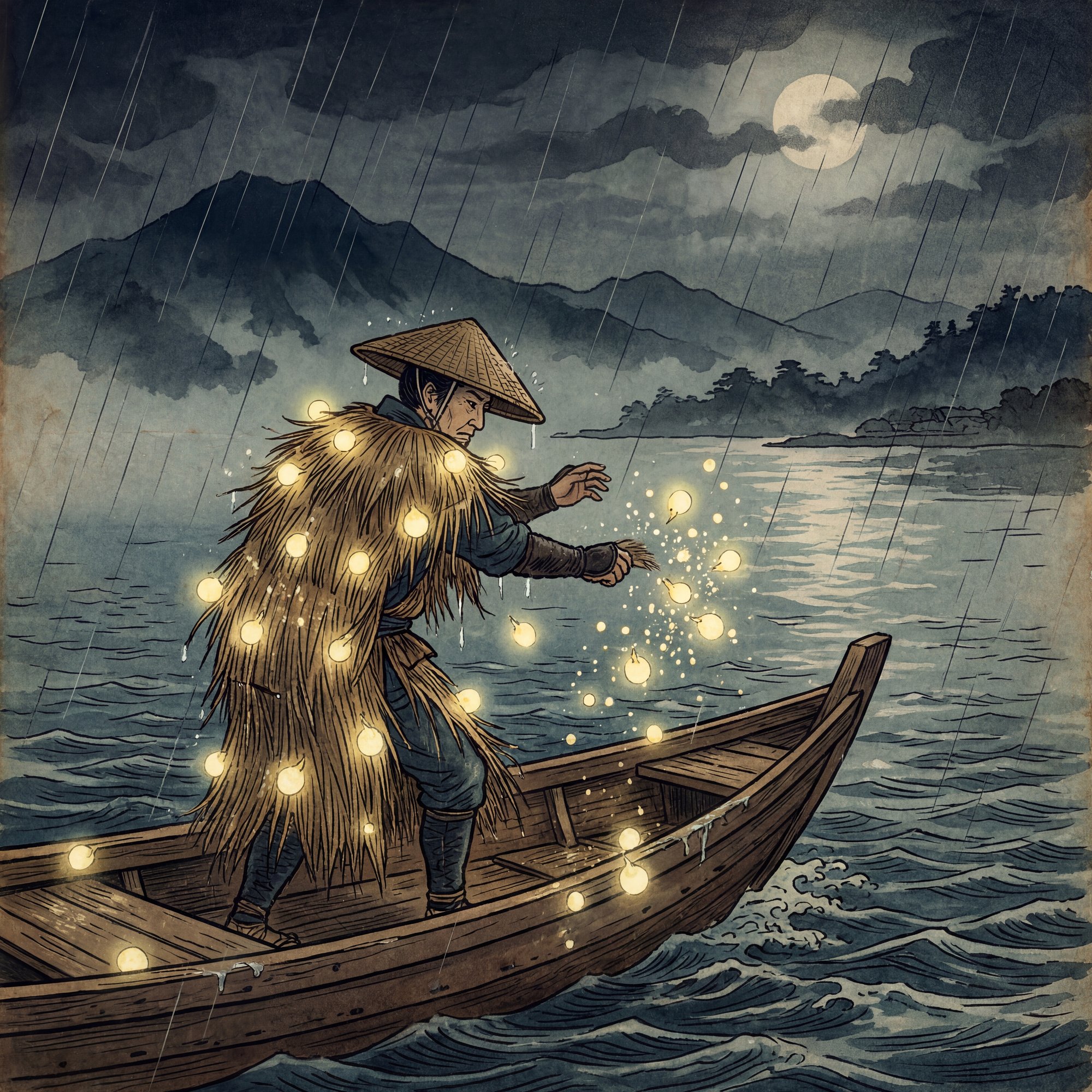 蓑火(読み方：みのび)の子供向けイラスト - あまよのびわこにみのびきらり